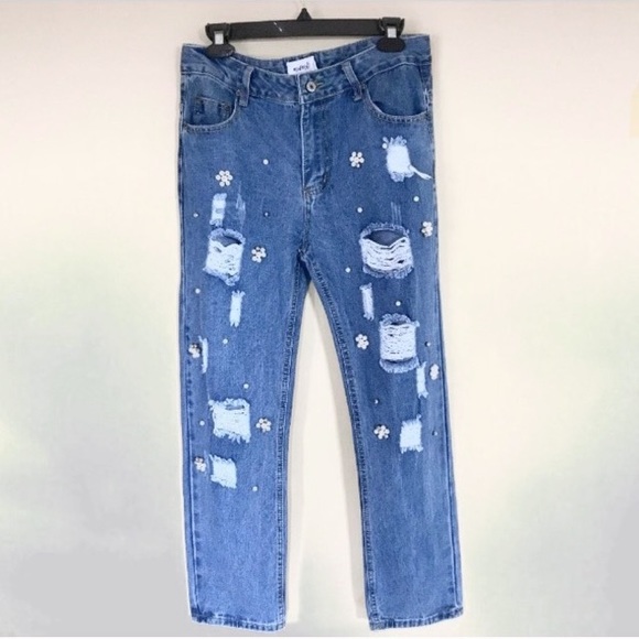 Midnight Muse Pants - Mom Style Embellished Pearl Distressed Jeans